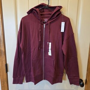 Relaxed Fit Full Zip Fleece Hoodie Jacket Merlot Wine M (8-10) New Women's